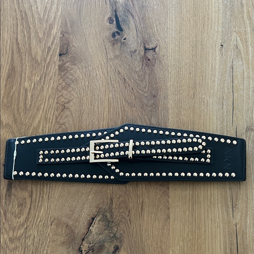 NWT Nekane Black Studded Wide Waist Belt Stretch Gold Boho Western OS